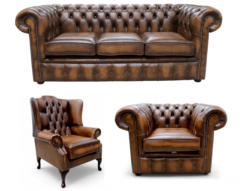 Chesterfield Leather 3 Seater + Mallory Wing Chair + Club Chair Sofa Offer Antique Tan